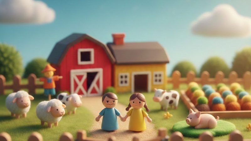 Maquete de uma fazendinha infantil com dois bonequinhos de madeira sérios e de mãos dadas, representando a mudança de comportamento e a perda da alegria em crianças vítimas de violência