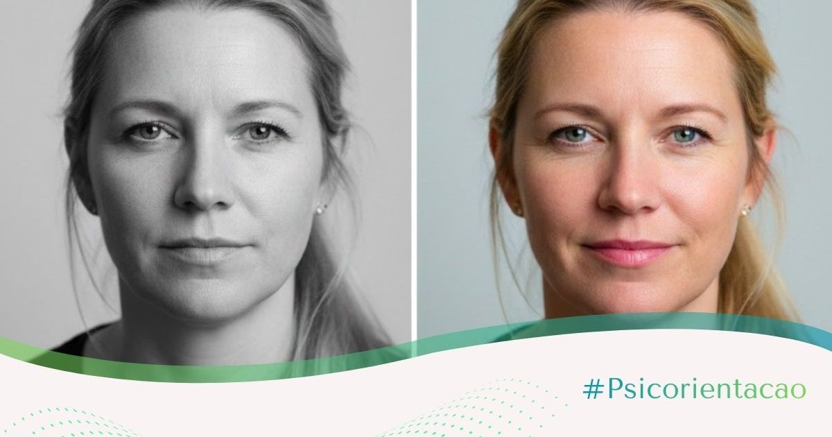 Uma composição visual que apresenta dois retratos lado a lado de uma mesma mulher loira, de meia-idade, com os cabelos presos de forma prática. No lado esquerdo, a imagem está em preto e branco, com um olhar profundo e uma expressão séria, simbolizando o peso da crise e o risco da apatia. No lado direito, a mesma imagem é exibida em cores vibrantes e naturais, onde a mulher esboça um meio sorriso suave e resiliente. A imagem ilustra o caminho para sair da crise da meia-idade sem cair na depressão: representa a transição da opacidade emocional para uma vida colorida novamente, destacando que a maturidade pode ser vivida com equilíbrio, luz e uma renovada percepção de si mesma